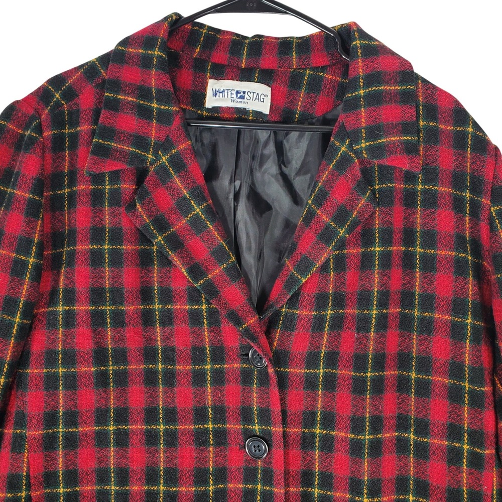 White Stag Woman Plaid Blazer Jacket Red Black Yellow Longline Coat Pockets